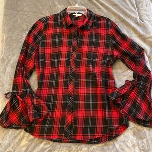 Button down red and black plaid blouse.
